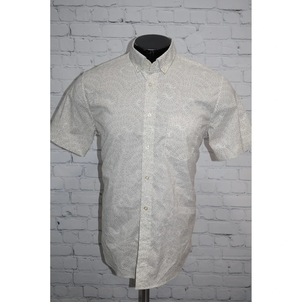 Banana Republic Dress Shirt Mens Large White Tan Geometric Floral Slim Flex Fit